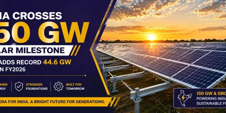 India crosses 150 GW solar milestone with large-scale solar farm and mounting structures at sunrise
