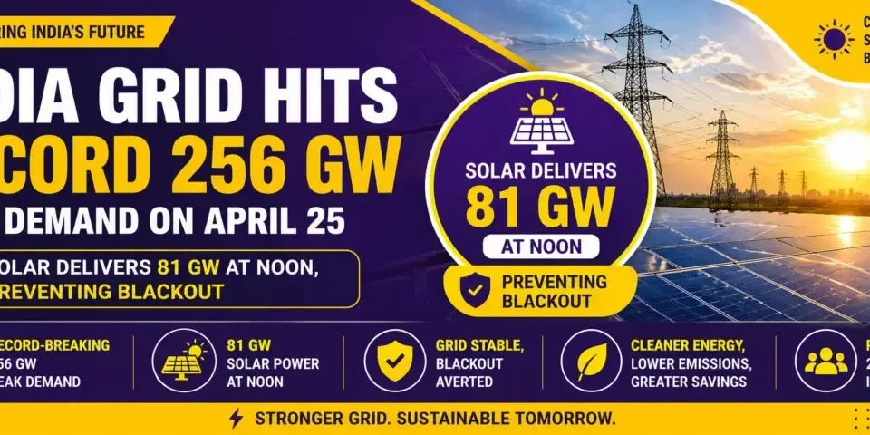 India grid hits record 256 GW peak demand on April 25 with solar delivering 81 GW at noon, preventing blackout and stabilizing power supply