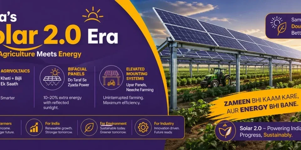 India Solar 2.0 banner showing agrivoltaics, bifacial panels, and elevated solar mounting systems enabling farming and energy generation together