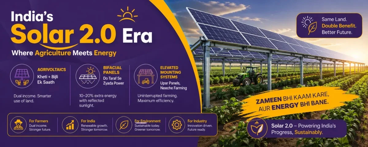 India Solar 2.0 banner showing agrivoltaics, bifacial panels, and elevated solar mounting systems enabling farming and energy generation together