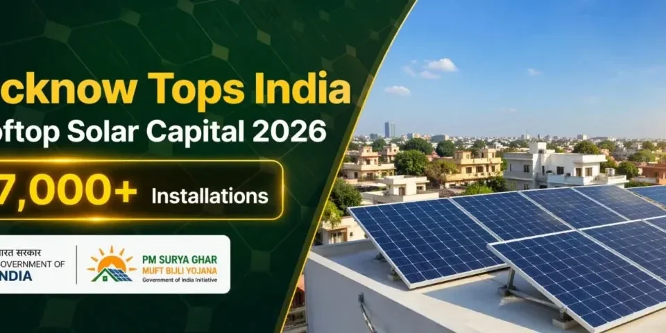 Lucknow rooftop solar banner showing 87,000+ installations under PM Surya Ghar Scheme with solar panels on residential rooftop