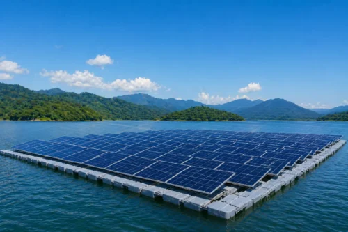 Floating solar panels on a lake with mountains and clear blue sky