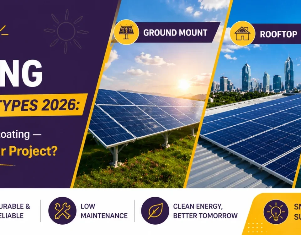 Solar mounting system types banner showing ground, rooftop, and floating solar solutions