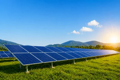 Ground-mounted solar panels installed in a green field under clear blue sky for high-efficiency energy generation