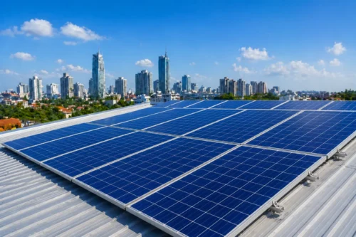Rooftop solar panels installed on a metal roof with city skyline in the background under clear blue sky