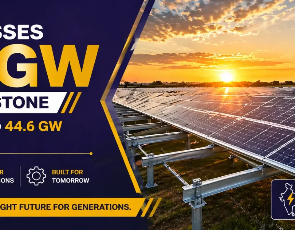 India crosses 150 GW solar milestone with large-scale solar farm and mounting structures at sunrise