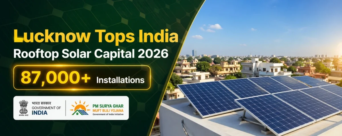 Lucknow rooftop solar banner showing 87,000+ installations under PM Surya Ghar Scheme with solar panels on residential rooftop