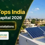 Lucknow rooftop solar banner showing 87,000+ installations under PM Surya Ghar Scheme with solar panels on residential rooftop