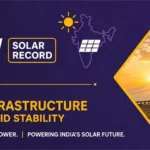 India’s 81 GW solar milestone banner with panels at sunrise highlighting strong mounting for grid stability