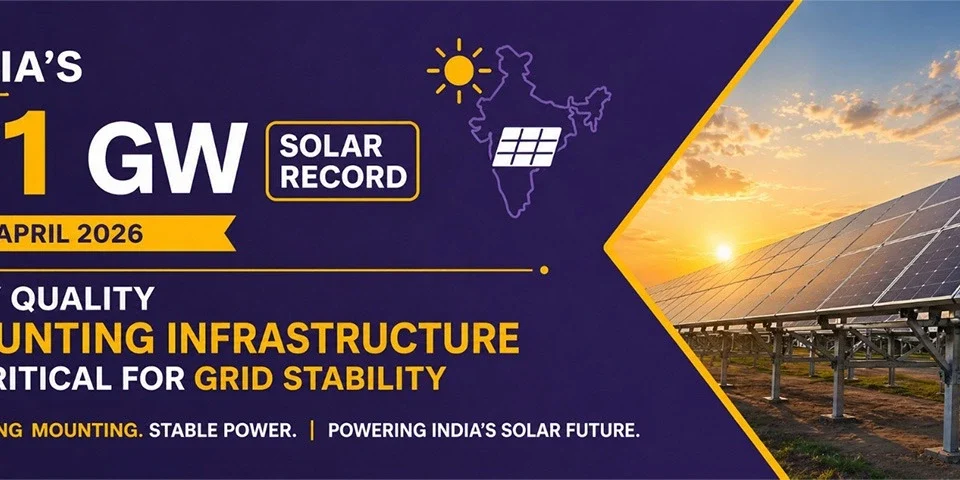 India’s 81 GW solar milestone banner with panels at sunrise highlighting strong mounting for grid stability