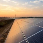 Utility-scale solar farm with premium mounting structures during sunset in India