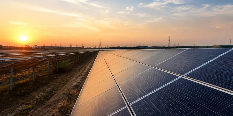Utility-scale solar farm with premium mounting structures during sunset in India