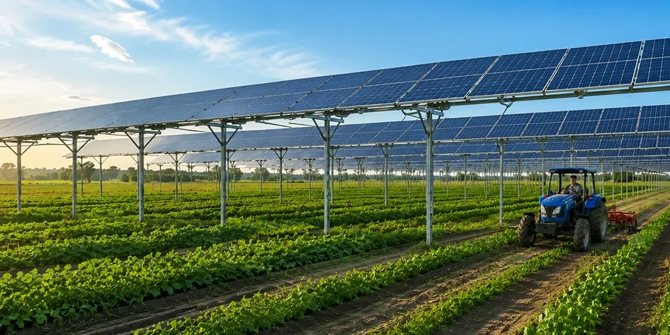 Agrivoltaic solar mounting structures installed above farmland in India, featuring elevated ground mount solar panels with agricultural activity beneath for PM-KUSUM 2.0 projects.