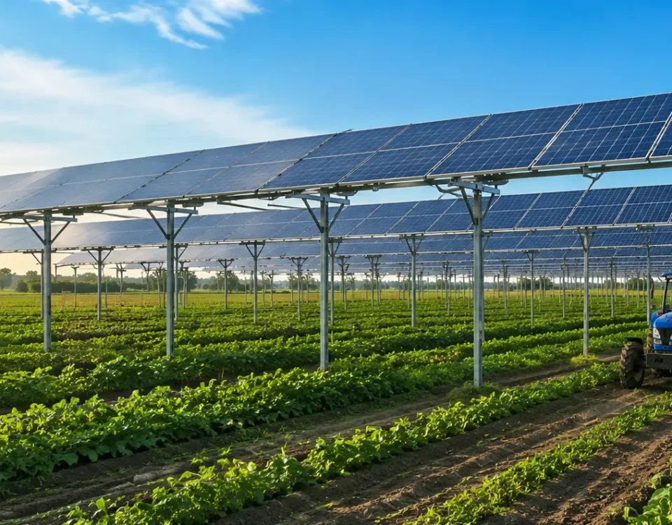 Agrivoltaic solar mounting structure with tractor farming under elevated solar panels in India