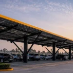 Modern solar carport mounting system in India with premium parking lot solar panels at sunset.