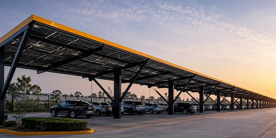 Modern solar carport mounting system in India with premium parking lot solar panels at sunset.