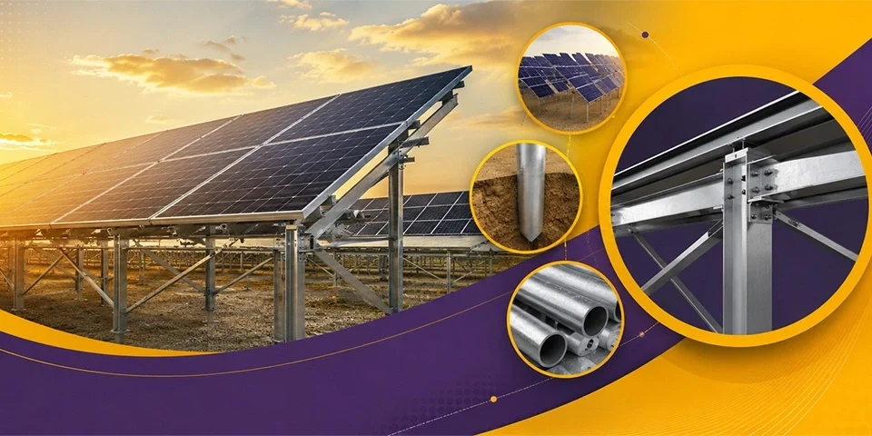 Utility-scale solar mounting structure with galvanized steel piles in desert landscape