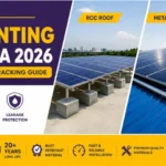 Modern rooftop solar mounting banner showing RCC, metal sheet, and tiled roof systems in India 2026