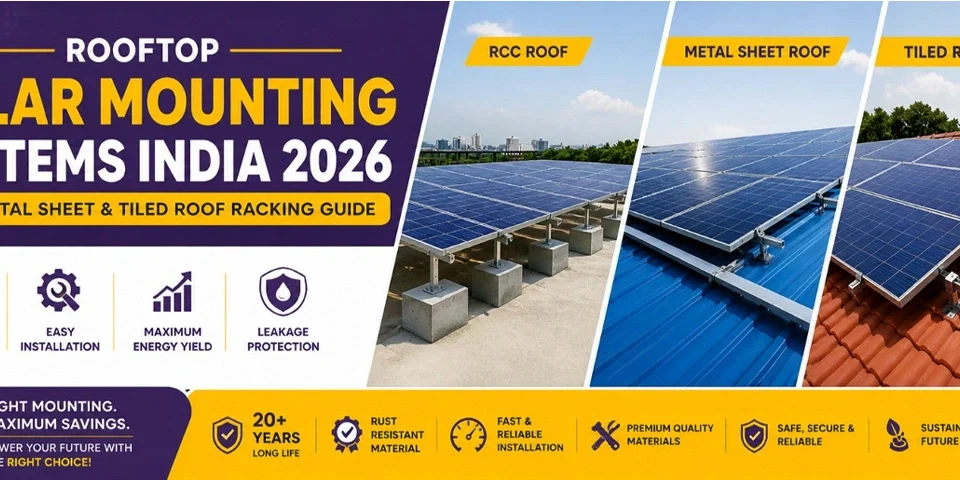 Modern rooftop solar mounting banner showing RCC, metal sheet, and tiled roof systems in India 2026
