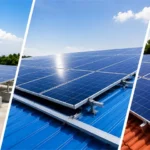 Rooftop solar mounting systems installed on RCC, metal sheet, and tiled roofs with modern solar panel structures under clear blue skies.