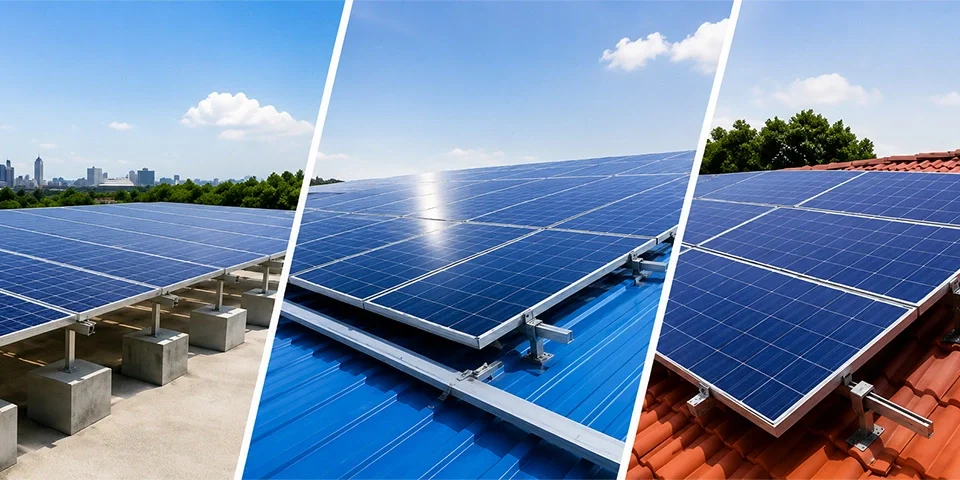 Rooftop solar mounting systems installed on RCC, metal sheet, and tiled roofs with modern solar panel structures under clear blue skies.