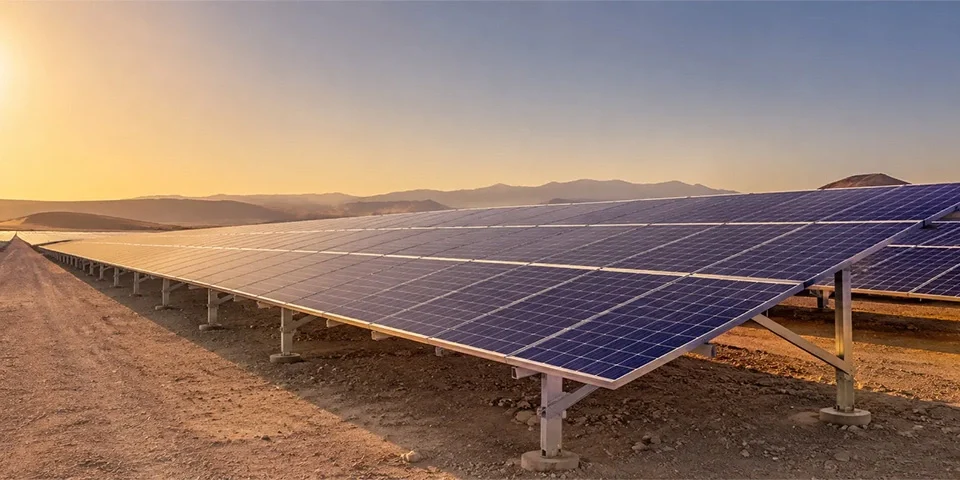 Saudi Arabia utility-scale solar farm with premium mounting structures in a desert landscape.