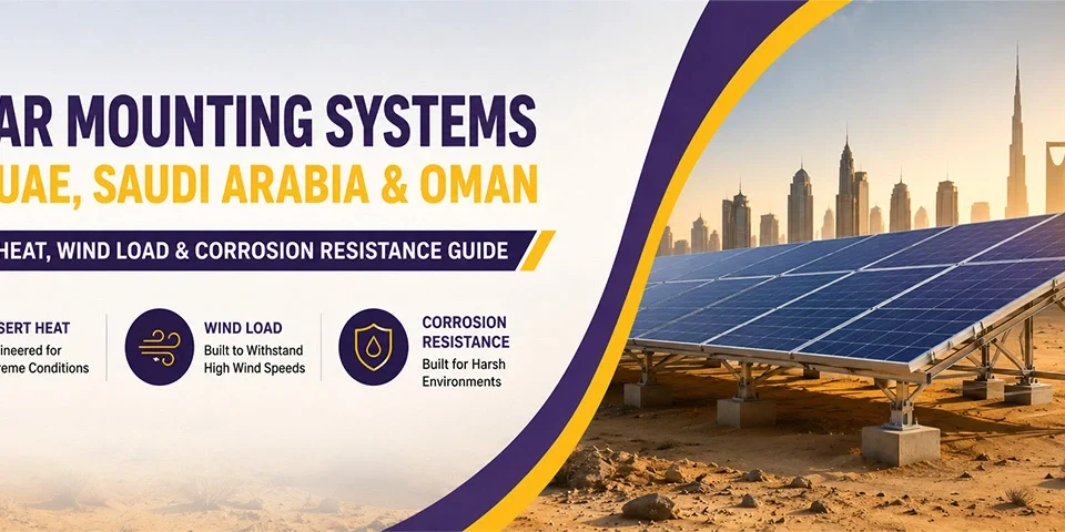 Solar mounting systems installed in desert conditions for UAE, Saudi Arabia, and Oman with wind load and corrosion resistance design.