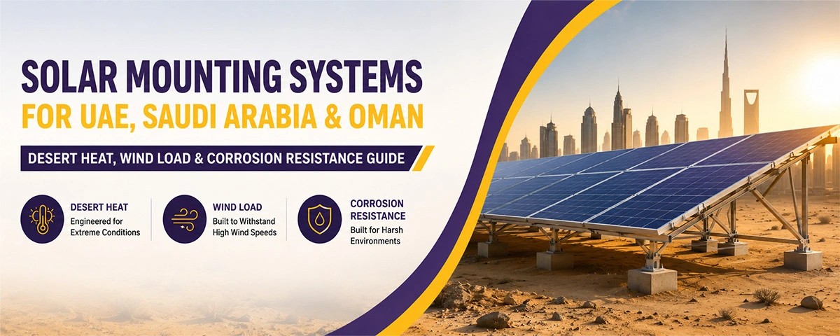 Solar mounting systems installed in desert conditions for UAE, Saudi Arabia, and Oman with wind load and corrosion resistance design.