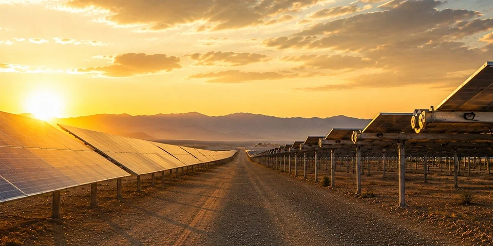 Wide cinematic view of a utility-scale solar farm comparing fixed tilt and single axis tracker mounting systems in a desert landscape during golden hour.