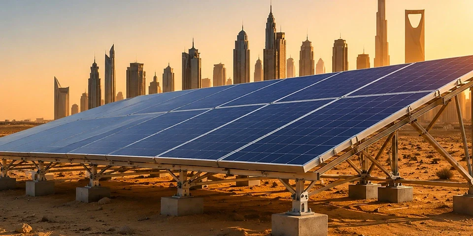 Utility-scale solar mounting system installed in a desert environment with high-strength structures designed for extreme heat, wind load, and corrosion resistance in the Middle East.
