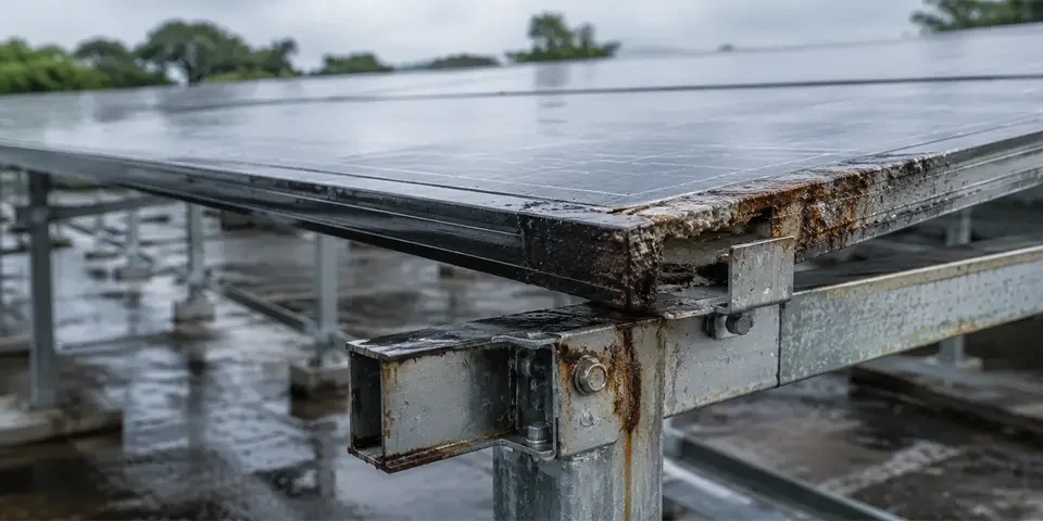 Rusted and poorly engineered solar structure.