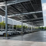 Solar carport at an industrial warehouse.