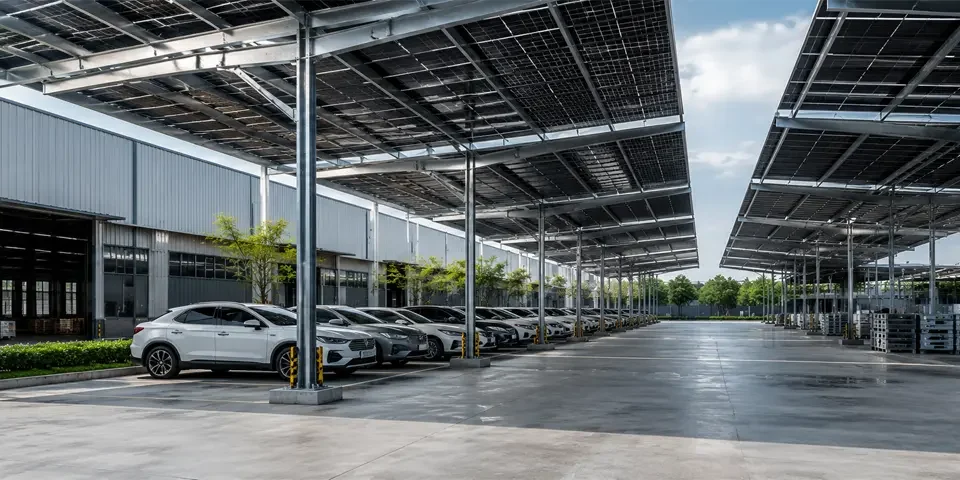 Solar carport at an industrial warehouse.