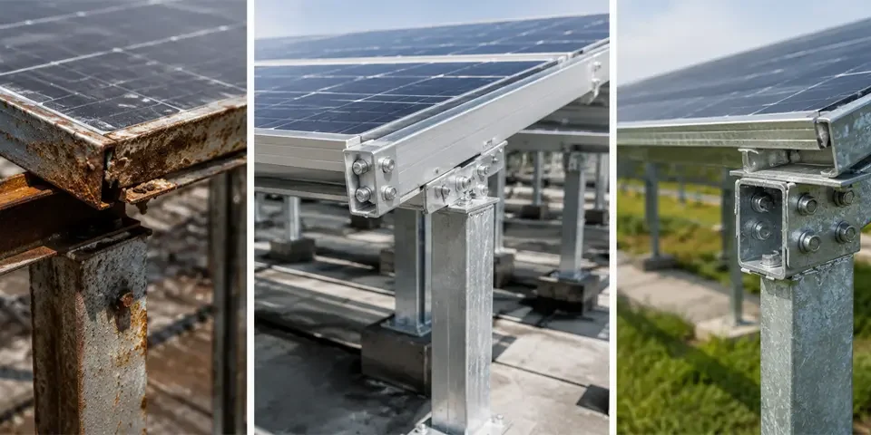 Comparison of GI, aluminium, and galvanized solar structures.